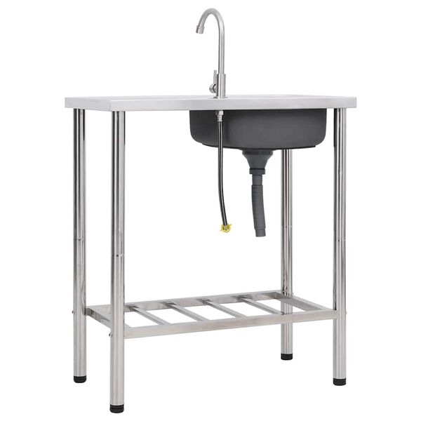 vidaXL kempinga izlietne ar vienu bļodu un krānu, nerūsējo&scaron;s tērauds