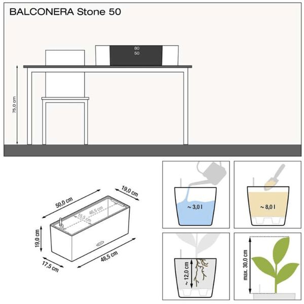 LECHUZA puķu kaste BALCONERA Stone 50 ALL-IN-ONE, bē&scaron;a