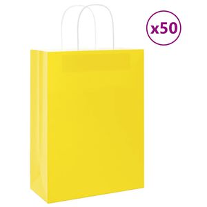 vidaXL papīra maisiņi 50 gab. ar rokturiem, dzelteni, 26x12x35 cm