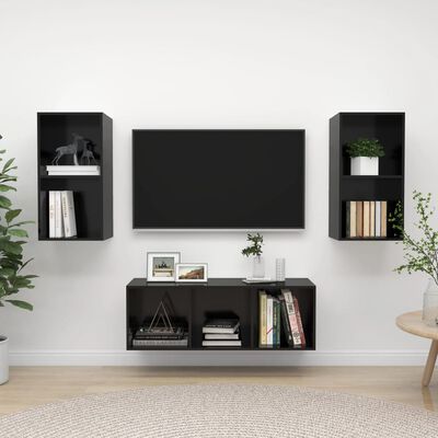 vidaXL 3-daļīgs TV plauktu komplekts, spīdīgi melns, skaidu plāksne