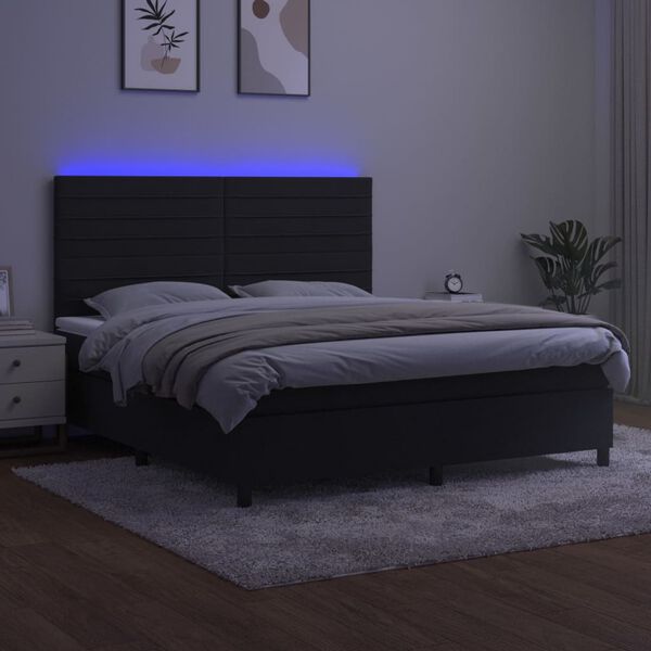 vidaXL atsperu gulta ar matraci, LED, melns samts, 180x200 cm