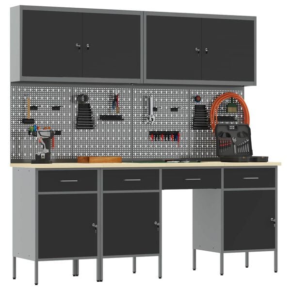 vidaXL Darba skapis ar slēdzeni 10 pcs Melna Inženieru koks un tērauds