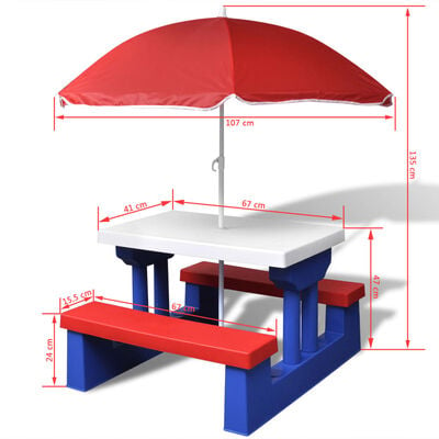 vidaXL bērnu piknika galds ar soliem un saulessargu, daudzkrāsains
