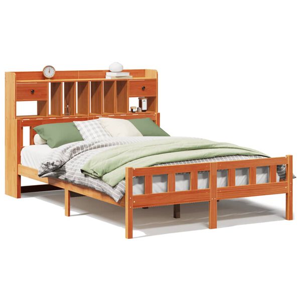 vidaXL gulta ar grāmatu plauktu, bez matrača, 150x200 cm, priedes koks