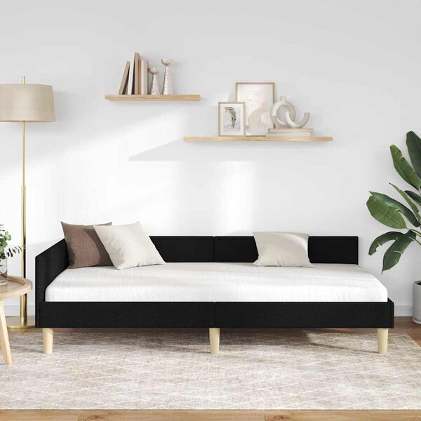 vidaXL Stūra gultas rāmis ar galvas klāju Melna 90 x 190 cm audums