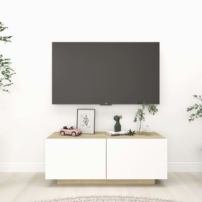 vidaXL TV plaukts, balts, ozolkoka krāsa, 100x35x40 cm, skaidu plāksne