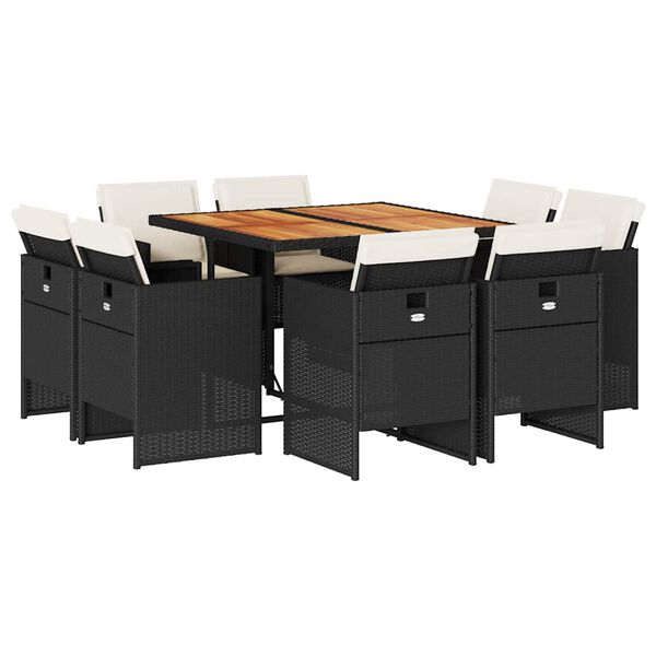vidaXL 9-daļīgs dārza mēbeļu komplekts, matrači, melns, PE rotangpalma