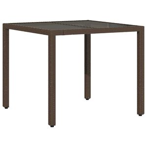 vidaXL dārza galds ar stikla virsmu, 90x90x75 cm, brūna PE rotangpalma
