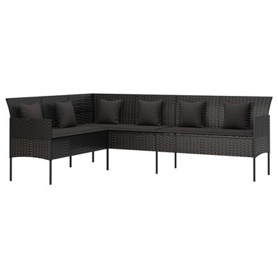 vidaXL L-formas dārza dīvāns ar matračiem, PE rotangpalma, melns