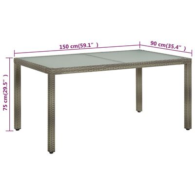 vidaXL dārza galds, 150x90x75 cm, rūdīts stikls, pelēka PE rotangpalma