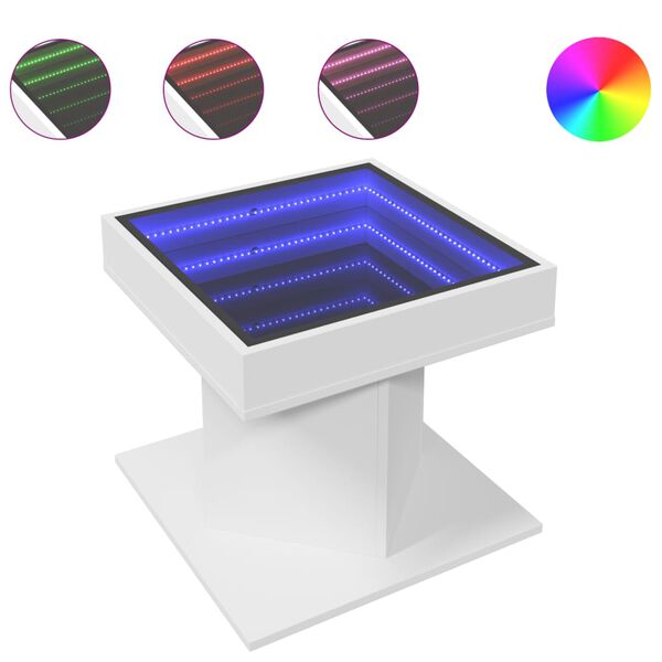 vidaXL kafijas galdiņ&scaron; ar LED, balts, 50x50x45 cm, inženierijas koks