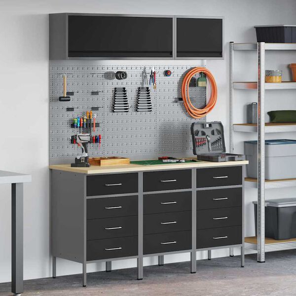 vidaXL Darba skapju komplekts ar atvilktni ar uzglabā&scaron;anu 8 pcs Melna