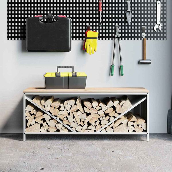 vidaXL malkas plaukts ar koka virsmu, balts, 100,5x35,5x40 cm