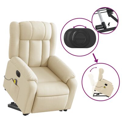 vidaXL elektrisks masāžas krēsls, paceļams, krēmkrāsas audums