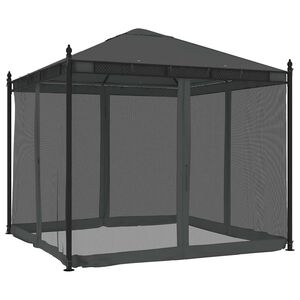 vidaXL dārza nojume ar tīkla sienām, 2,93x2,93 m, tērauds, pelēka