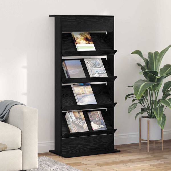 vidaXL Žurnālu statīvs ar plauktu Melns ozolkoks 70 x 41 x 156 cm