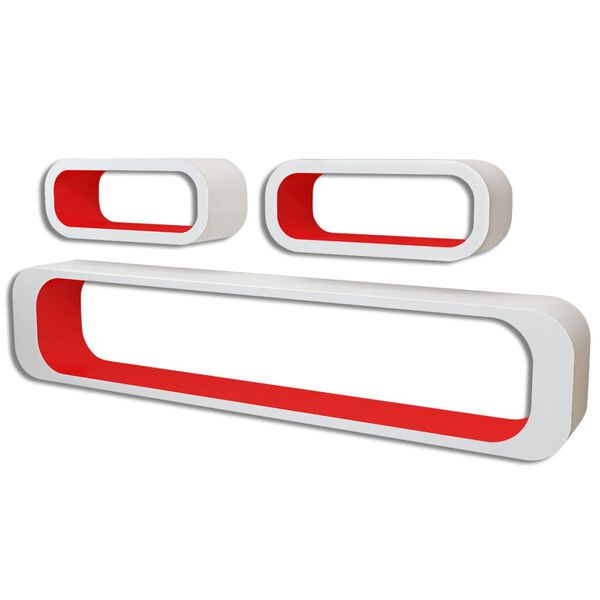 Sienas plaukti / kubi grāmatām un DVD, 3 gab., MDF, balta un sarkana