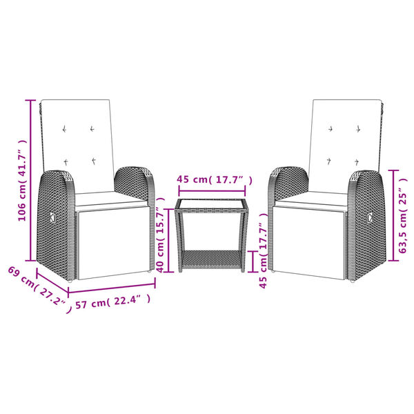 vidaXL 3-daļīgs dārza mēbeļu komplekts, matrači, pelēka PE rotangpalma