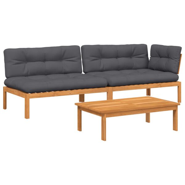 vidaXL trīsdaļīgs dārza palešu dīvāns, spilveni, akācijas masīvkoks