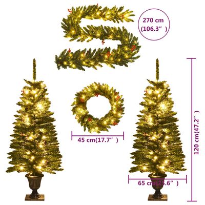 vidaXL mākslīgās Ziemassvētku egles, 2 gab., ar vainagu, vītni un LED