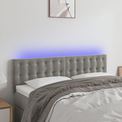 vidaXL gultas galvgalis ar LED, 144x5x78/88 cm, gaiši pelēks samts