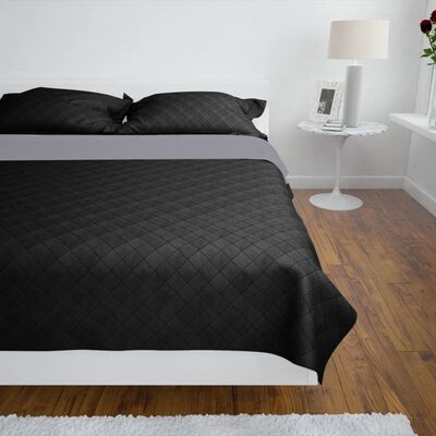 Divpusējs gultas pārklājs 230 x 260 cm, stepēts, melns / pelēks