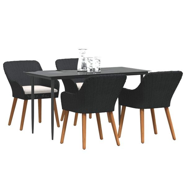 vidaXL Dārza ēdamgalds ar spilvenu 5 pcs Melna poliratāns