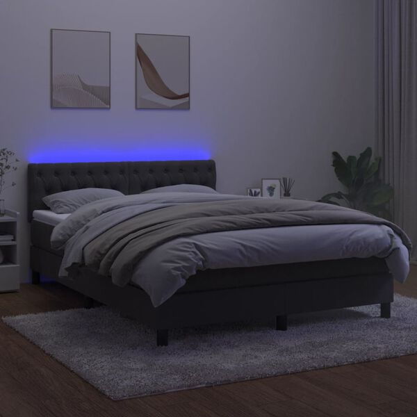 vidaXL atsperu gulta ar matraci, LED, tum&scaron;i pelēks samts, 140x190 cm