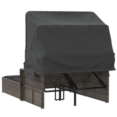 vidaXL divvietīgs sauļošanās krēsls ar jumtiņu, pelēka PE rotangpalma