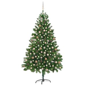 vidaXL izgaismota Ziemassvētku egle ar rotājumiem, zaļa, 210 cm