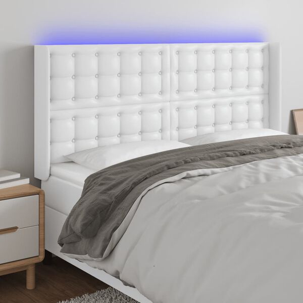 vidaXL gultas galvgalis ar LED, 163x16x118/128 cm, balta mākslīgā āda