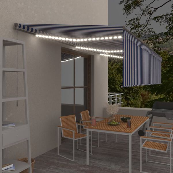vidaXL izvelkama markīze ar žalūziju, LED, 6x3 m, manuāla, zili balta