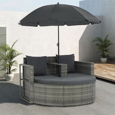 vidaXL divvietīgs dārza dīvāns ar matračiem un saulessargu, pelēks PE