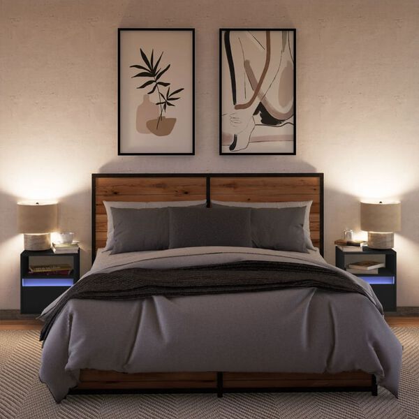 vidaXL sienas naktsskapī&scaron;i ar LED apgaismojumu, 2 gab., melni