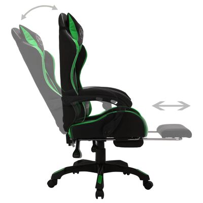 vidaXL biroja krēsls, RGB LED gaismas, zaļa un melna mākslīgā āda