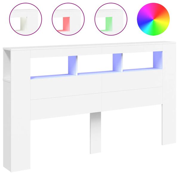 vidaXL gultas galvgalis ar LED, balts, 180x18,5x103,5 cm, koks