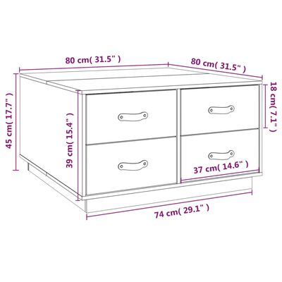 vidaXL kafijas galdiņš, balts, 80x80x45 cm, priedes masīvkoks