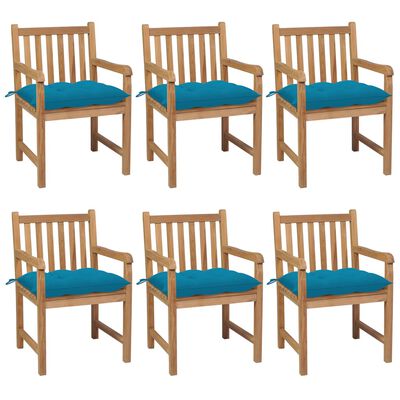 vidaXL dārza krēsli, gaiši zili matrači, 6 gab., masīvs tīkkoks