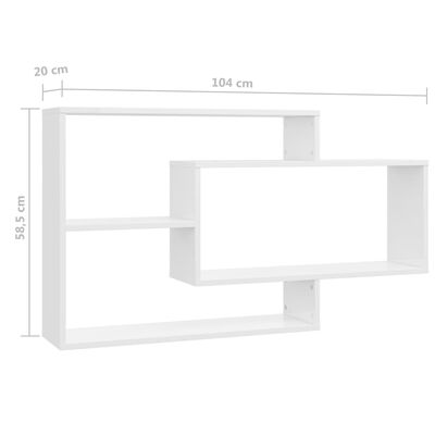 vidaXL sienas plaukti, 104x20x58,5 cm, spīdīgi balti, skaidu plāksne