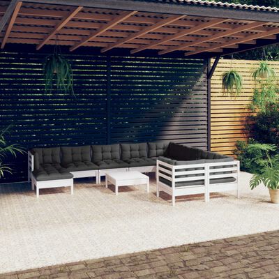 vidaXL 11-daļīgs dārza mēbeļu komplekts ar matračiem, balta priede