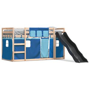 vidaXL augstā gulta ar aizkariem un slidkalniņu zils 80x200 cm priede