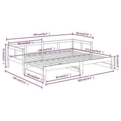 vidaXL izvelkama gulta, balta, priedes masīvkoks, 2x(90x190) cm