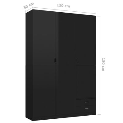 vidaXL skapis, 3 durvis, 120x50x180 cm, spīdīgi melns, skaidu plāksne