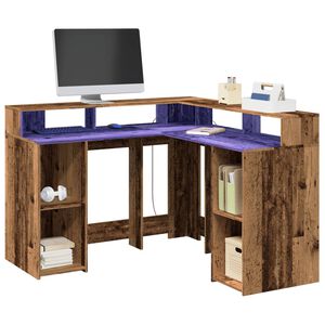 vidaXL rakstāmgalds, LED, veca koka, 130x130x91 cm, inženierijas koks