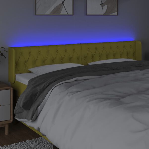 vidaXL gultas galvgalis ar LED, 203x16x78/88 cm, zaļ&scaron; audums