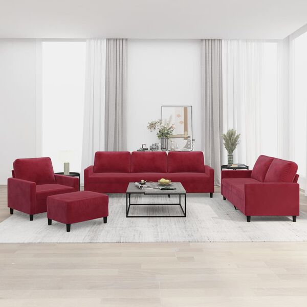 vidaXL četrdaļīgs dīvānu komplekts ar spilveniem, vīnsarkans samts