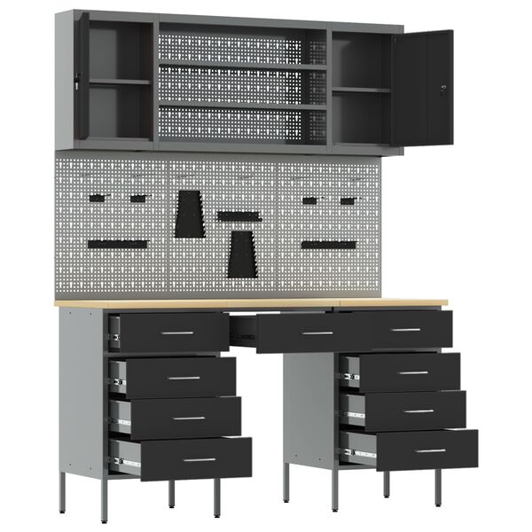 vidaXL Darba skapis ar atvilktni 7 pcs Melna 150 x 55 x 200 cm