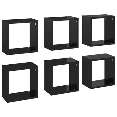 vidaXL kuba formas sienas plaukti, 6 gab., spīdīgi melni, 26x15x26 cm