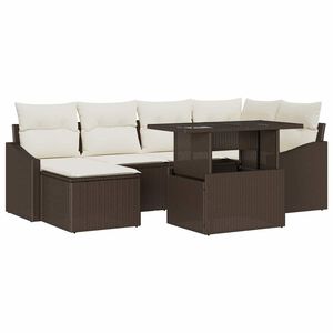 vidaXL Dārza dīvānu komplekts ar spilvenu 7 pcs Brūna un krēmkrāsas