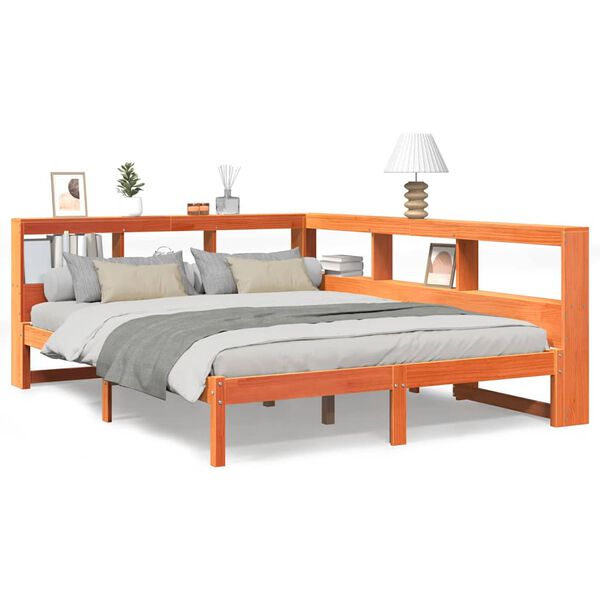 vidaXL gulta ar grāmatu plauktu, bez matrača, 160x200 cm, priedes koks